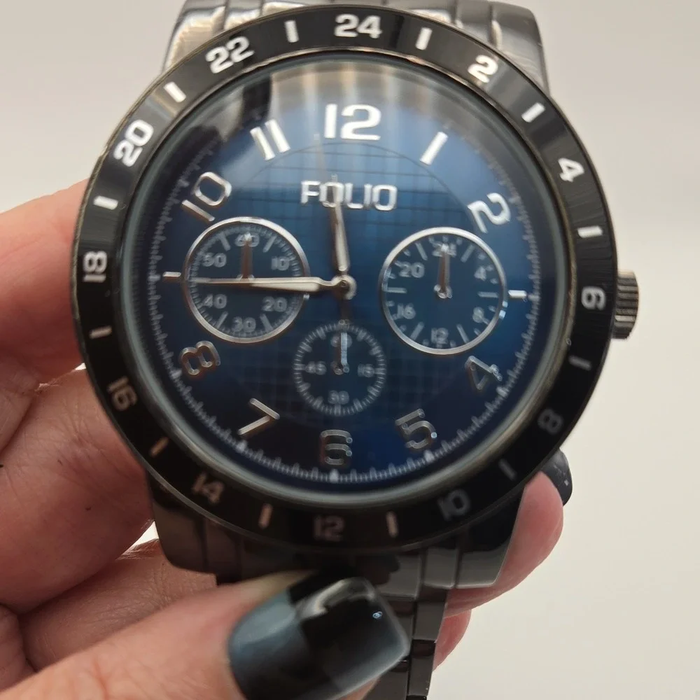 Folio FMDMSG906 Mens 55mm Chrono Blue Dial Watch. Black SS Band, New Batteries.